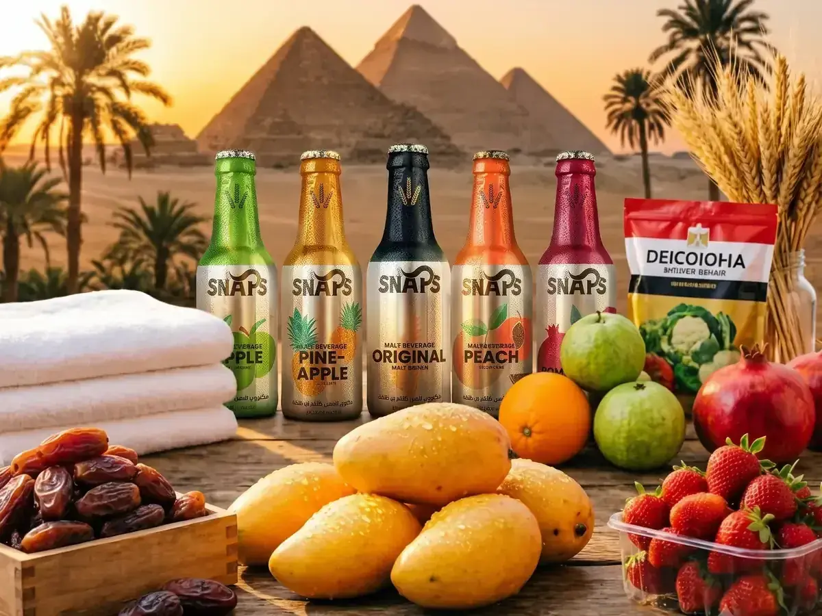 Egyptian export products including mangoes, dates, cotton towels, fruit, and packaged goods