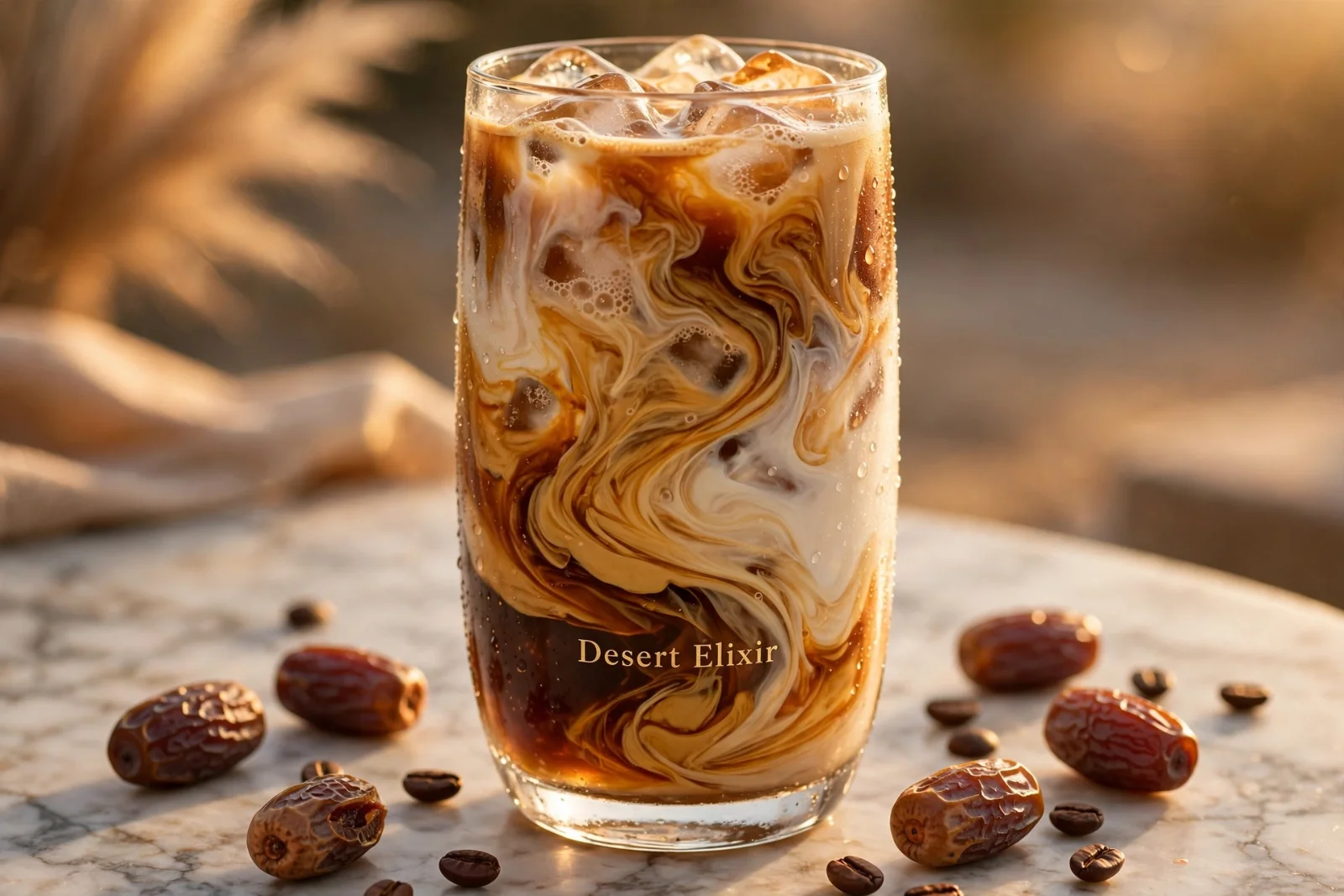 A premium Barista Kit featuring Egyptian dry dates, pure sesame tahini, and espresso beans next to a luxurious iced natural energy beverage.