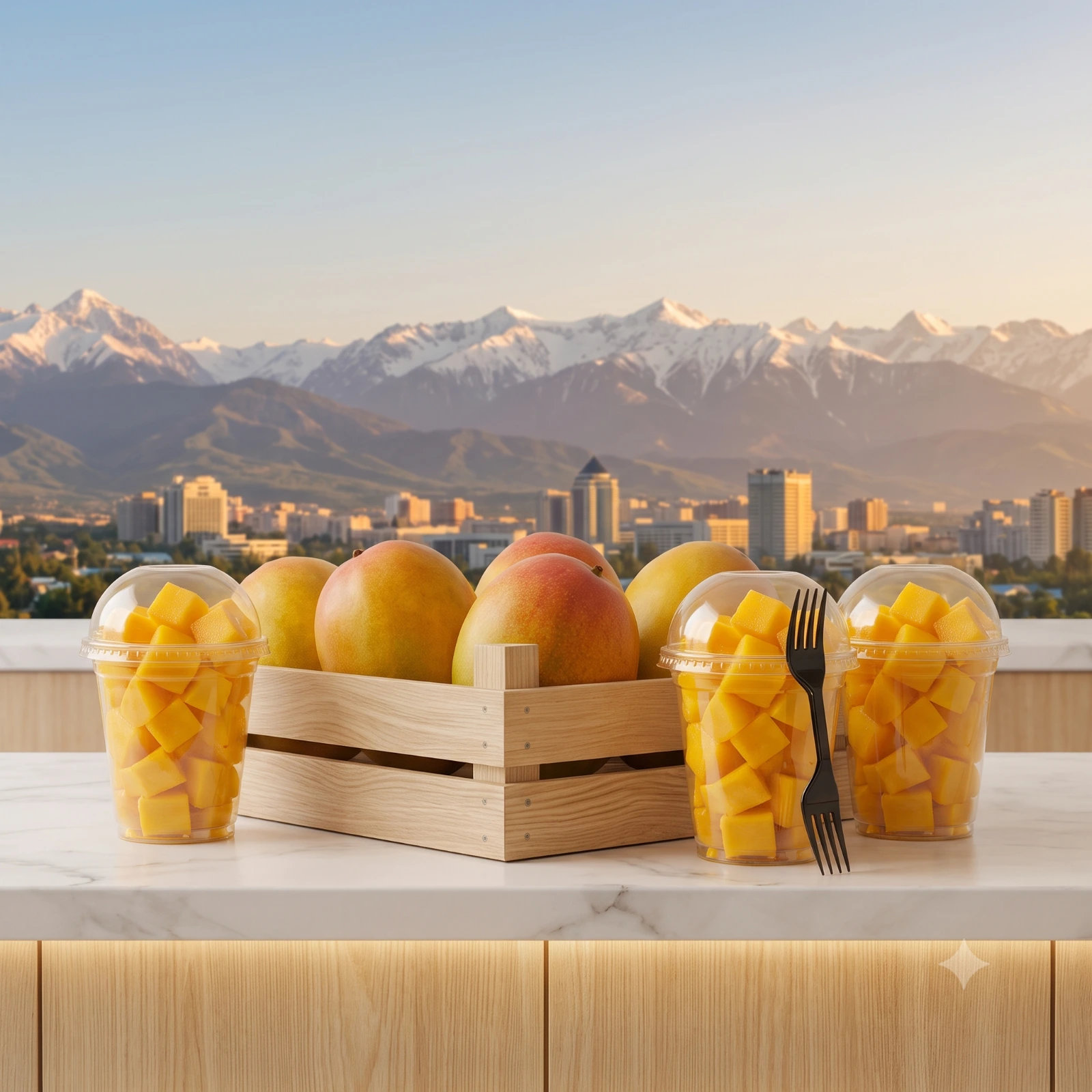 Fresh Egyptian mangoes in a wooden crate alongside ready-to-eat mango cubes in clear plastic cups, with the mountains of Almaty, Kazakhstan in the background.